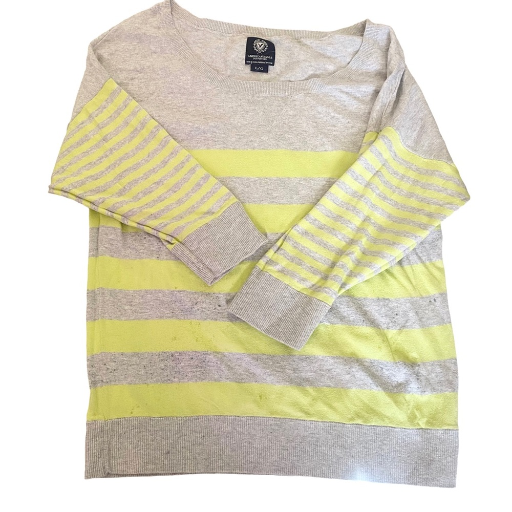 American Eagle Striped Wide Neck Gray Lime Green Sweater L